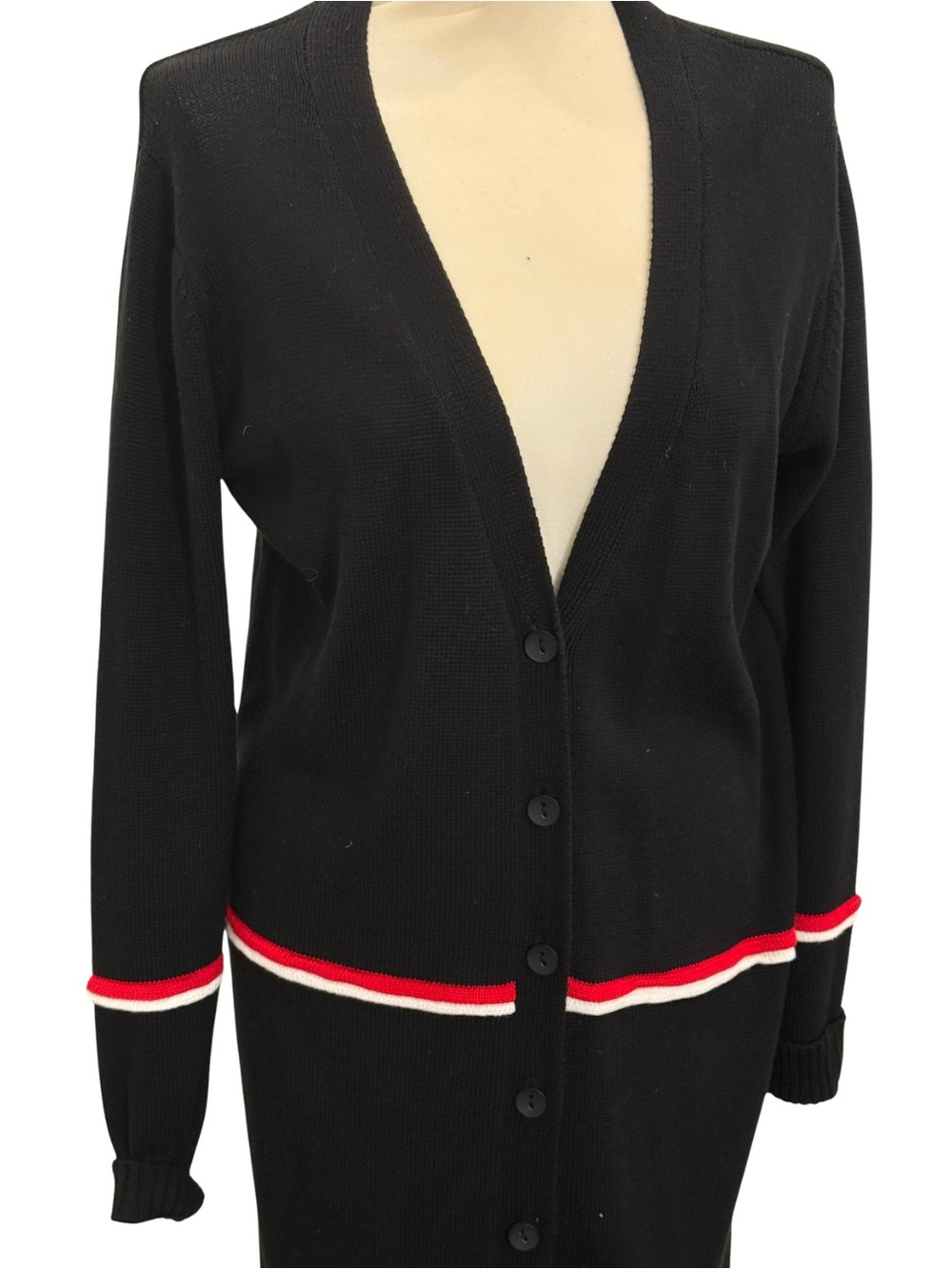 Goodnight Macaroon Black V-Neck Button Cardigan with Red & White Trim